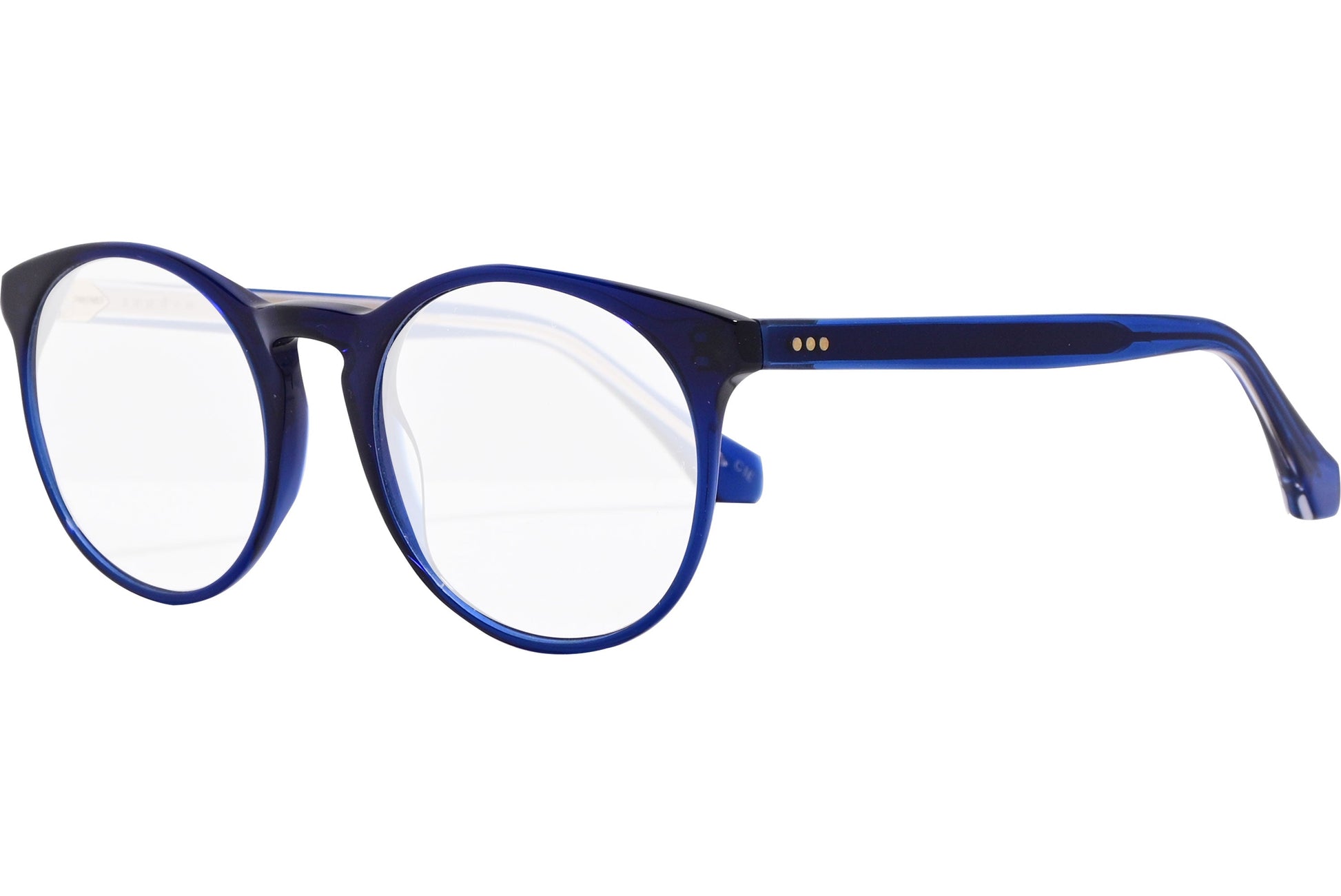 sandro oval blue eyeglasses frame viewed from a 45-degree angle.