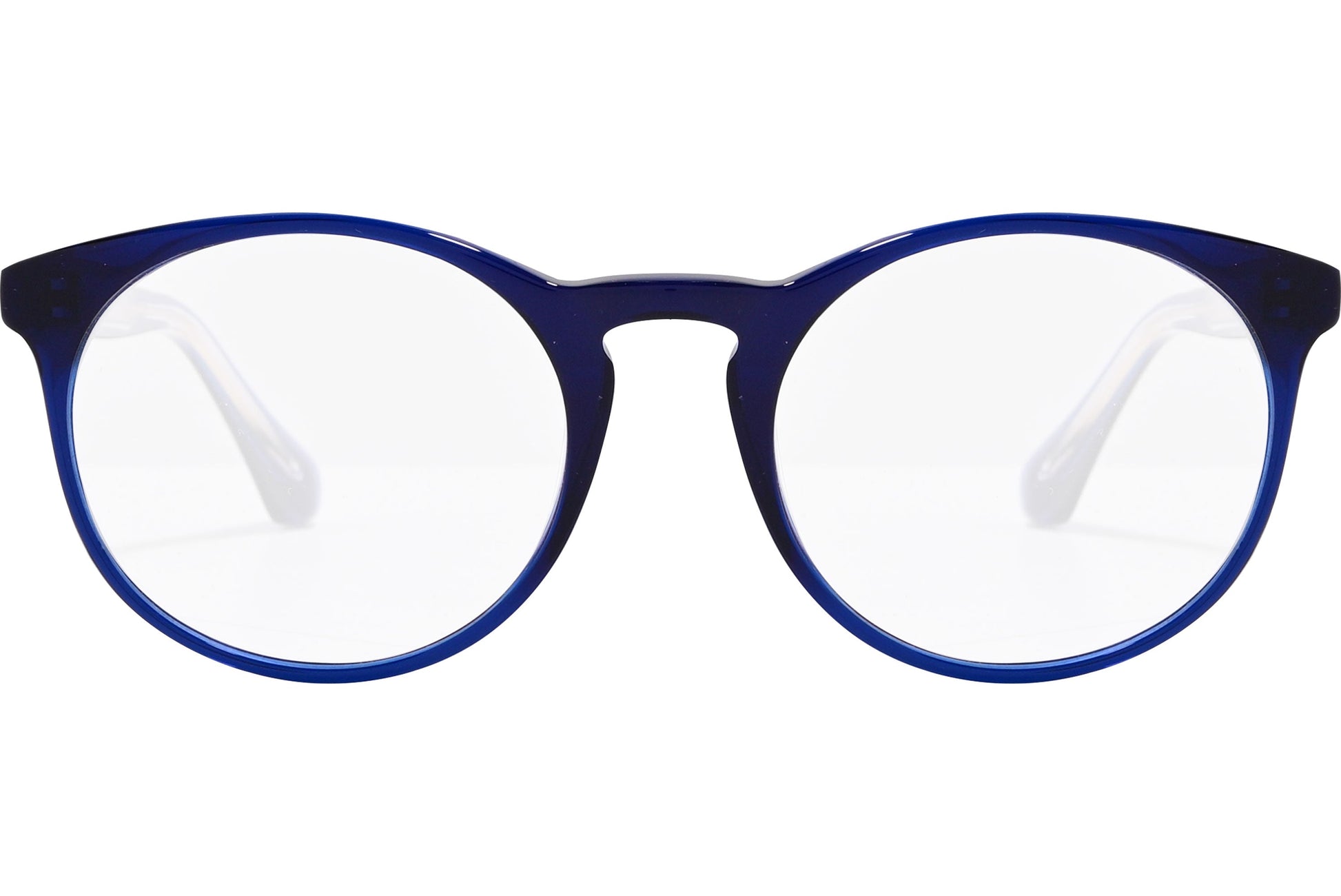 sandro oval blue eyeglasses frame viewed from front angle.