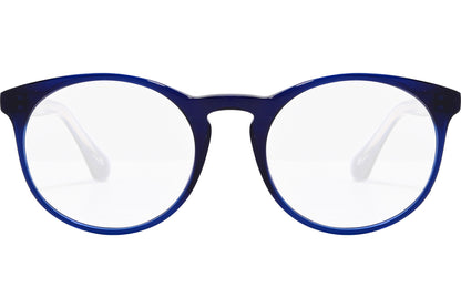 sandro oval blue eyeglasses frame viewed from front angle.