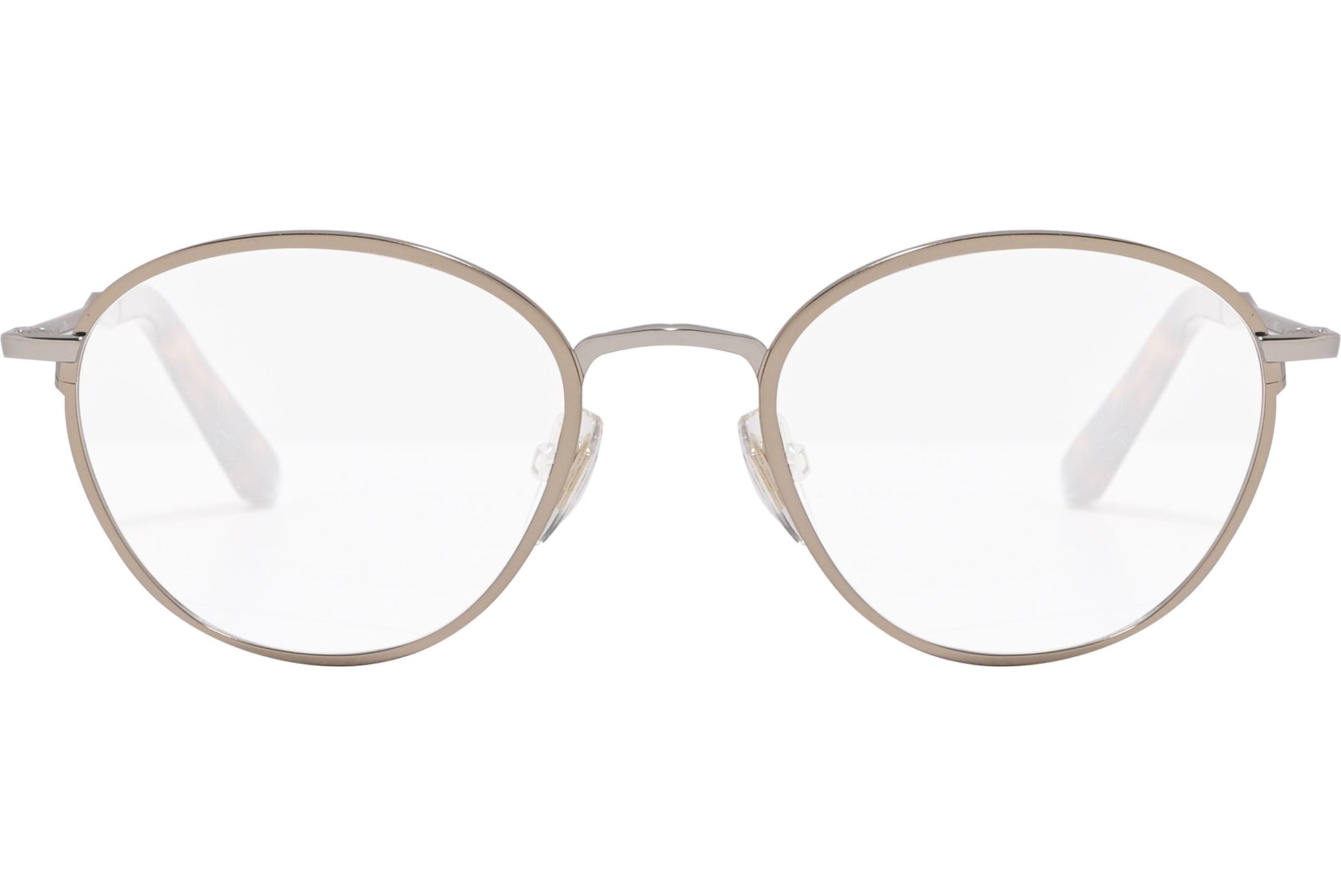 sandro oval gold eyeglasses frame viewed from front angle.