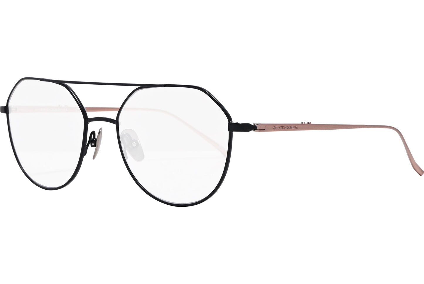 scotch & soda aviator rose gold eyeglasses frame viewed from a 45-degree angle.