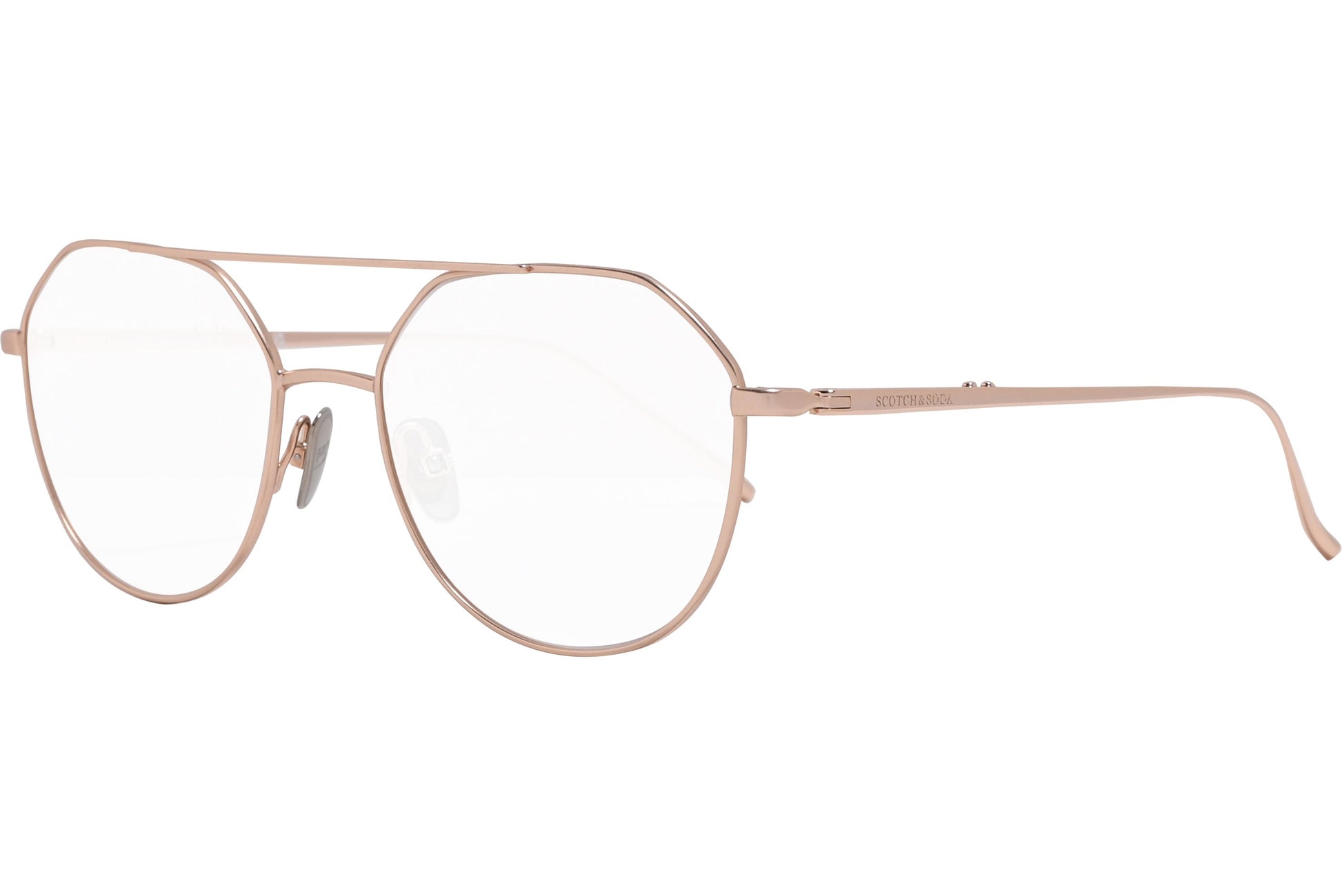 scotch & soda aviator rose gold eyeglasses frame viewed from a 45-degree angle.