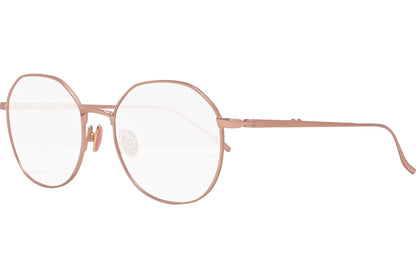 scotch & soda oval rose gold eyeglasses frame viewed from a 45-degree angle.