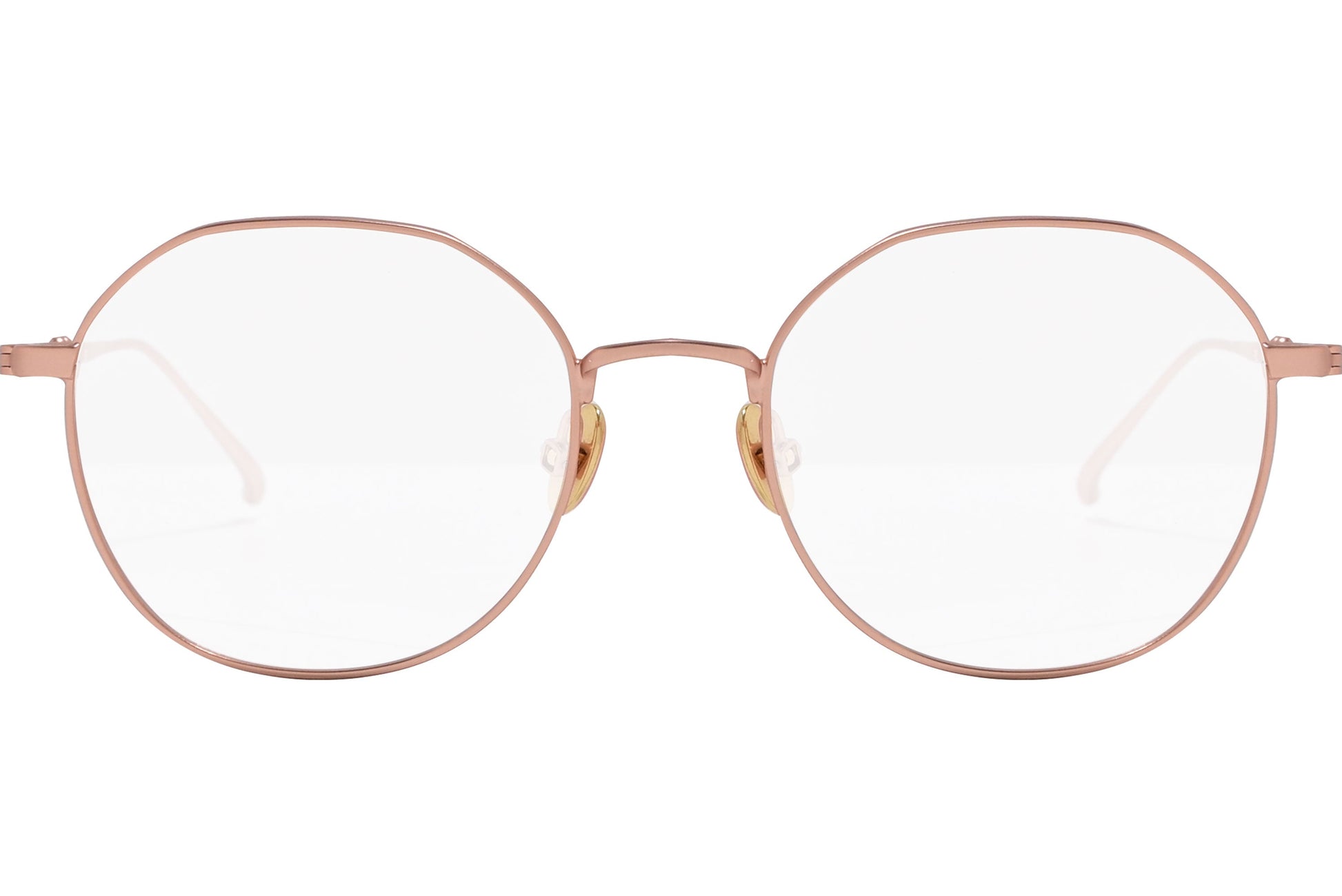 scotch & soda oval rose gold eyeglasses frame viewed from a front angle.