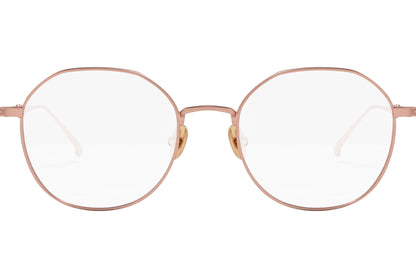 scotch & soda oval rose gold eyeglasses frame viewed from a front angle.