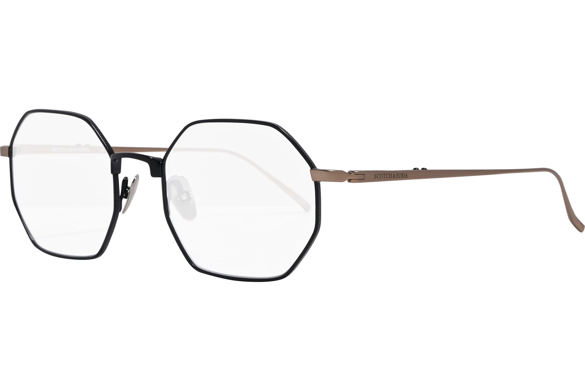 scotch & soda hexagonal bronze eyeglasses frame viewed from a 45-degree angle.