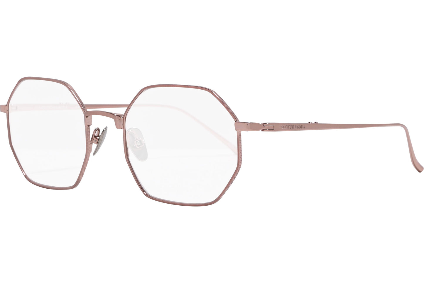 scotch & soda hexagonal rose gold eyeglasses frame viewed from a 45-degree angle.