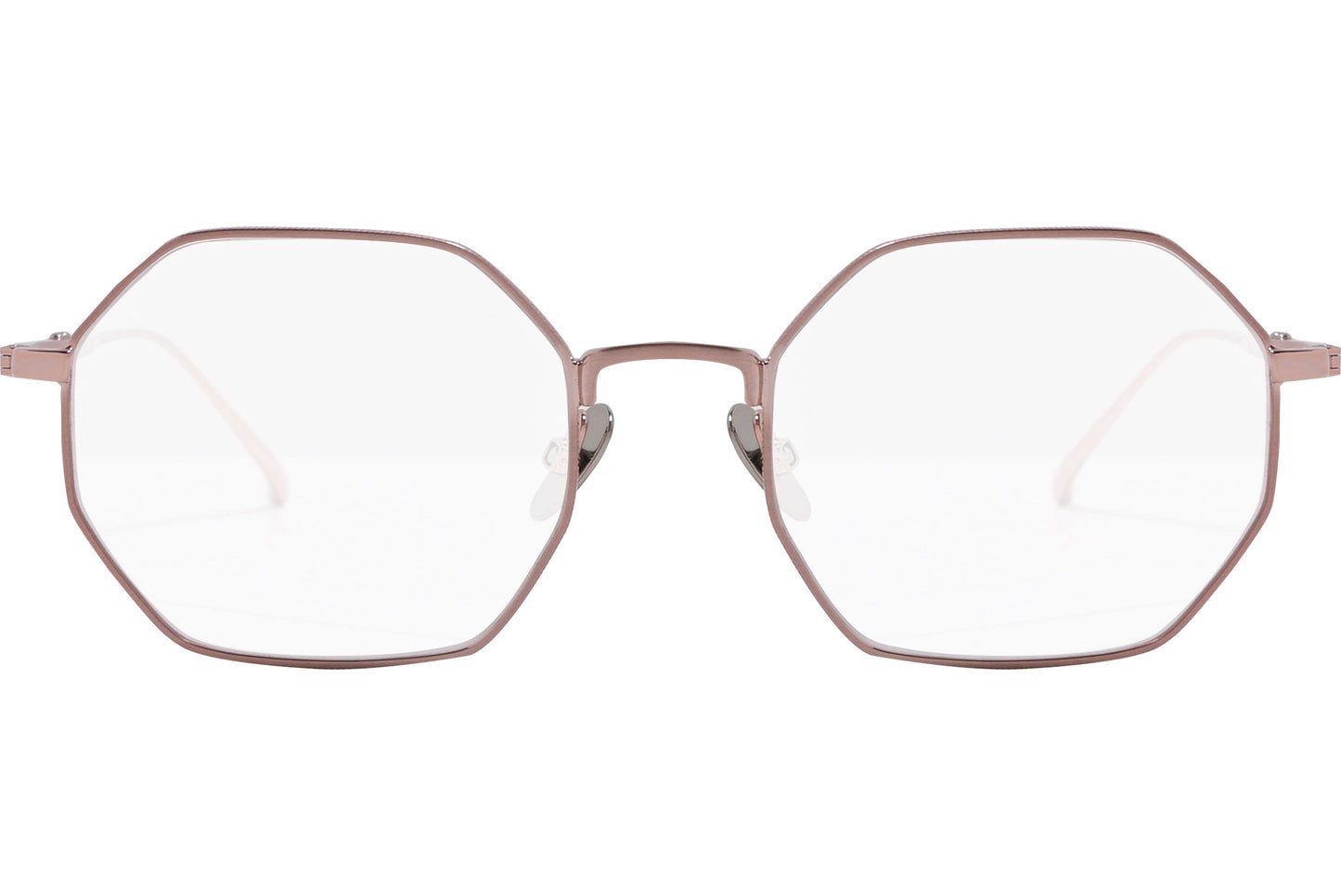 scotch & soda hexagonal rose gold eyeglasses frame viewed from front angle.