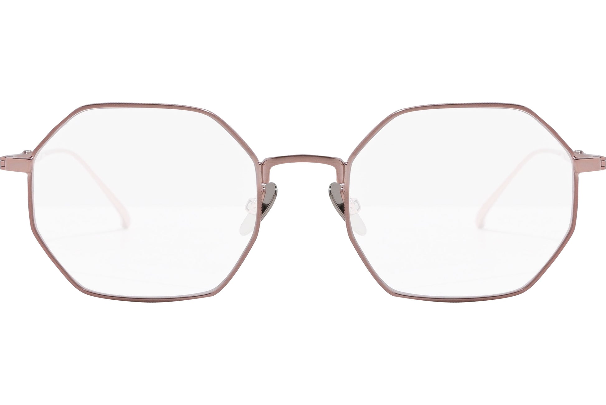 scotch & soda hexagonal rose gold eyeglasses frame viewed from front angle.