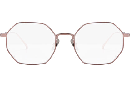 scotch & soda hexagonal rose gold eyeglasses frame viewed from front angle.