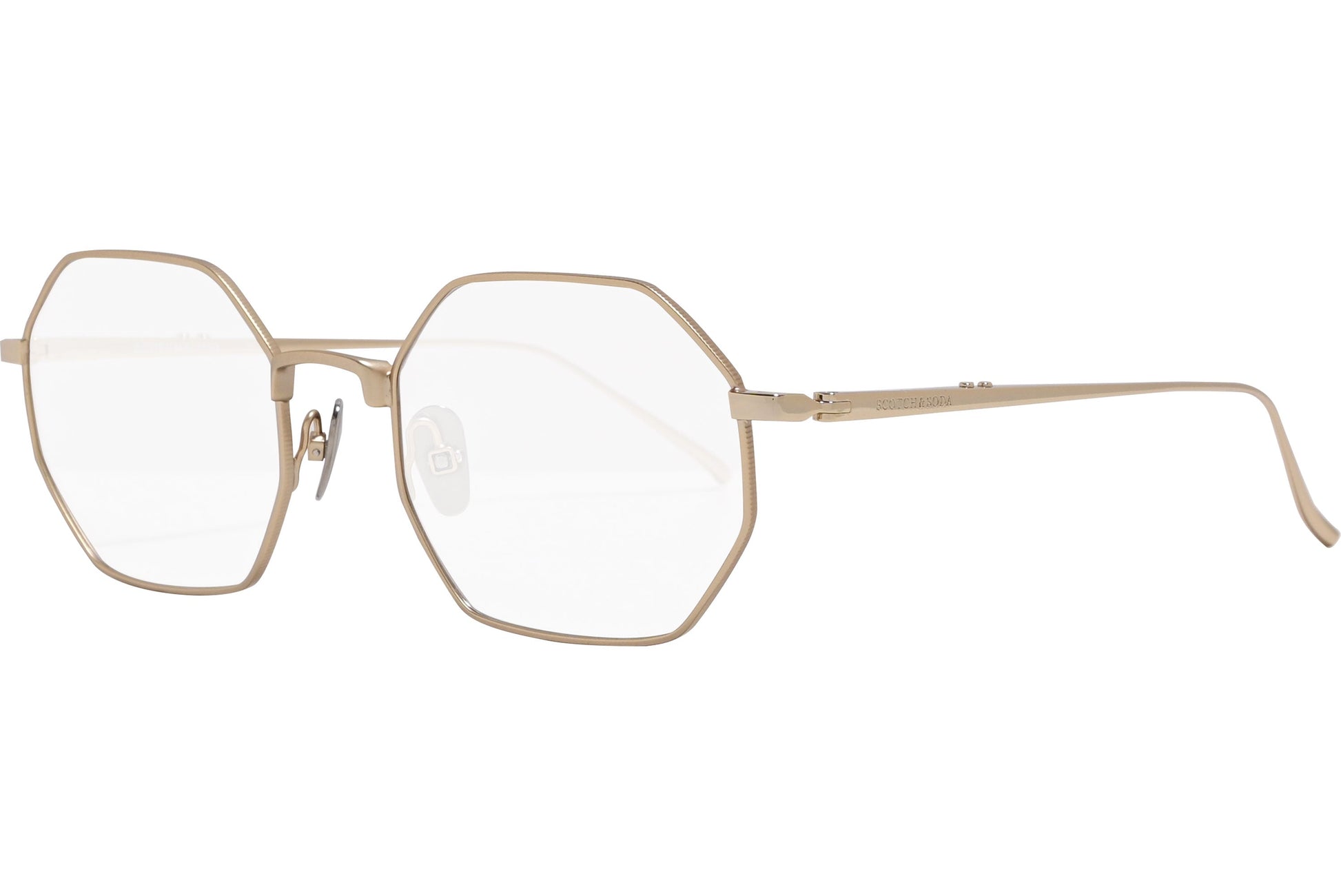 scotch & soda hexagonal gold eyeglasses frame viewed from a 45-degree angle.