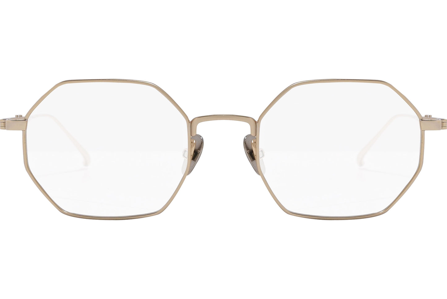 scotch & soda hexagonal gold eyeglasses frame viewed from front angle.