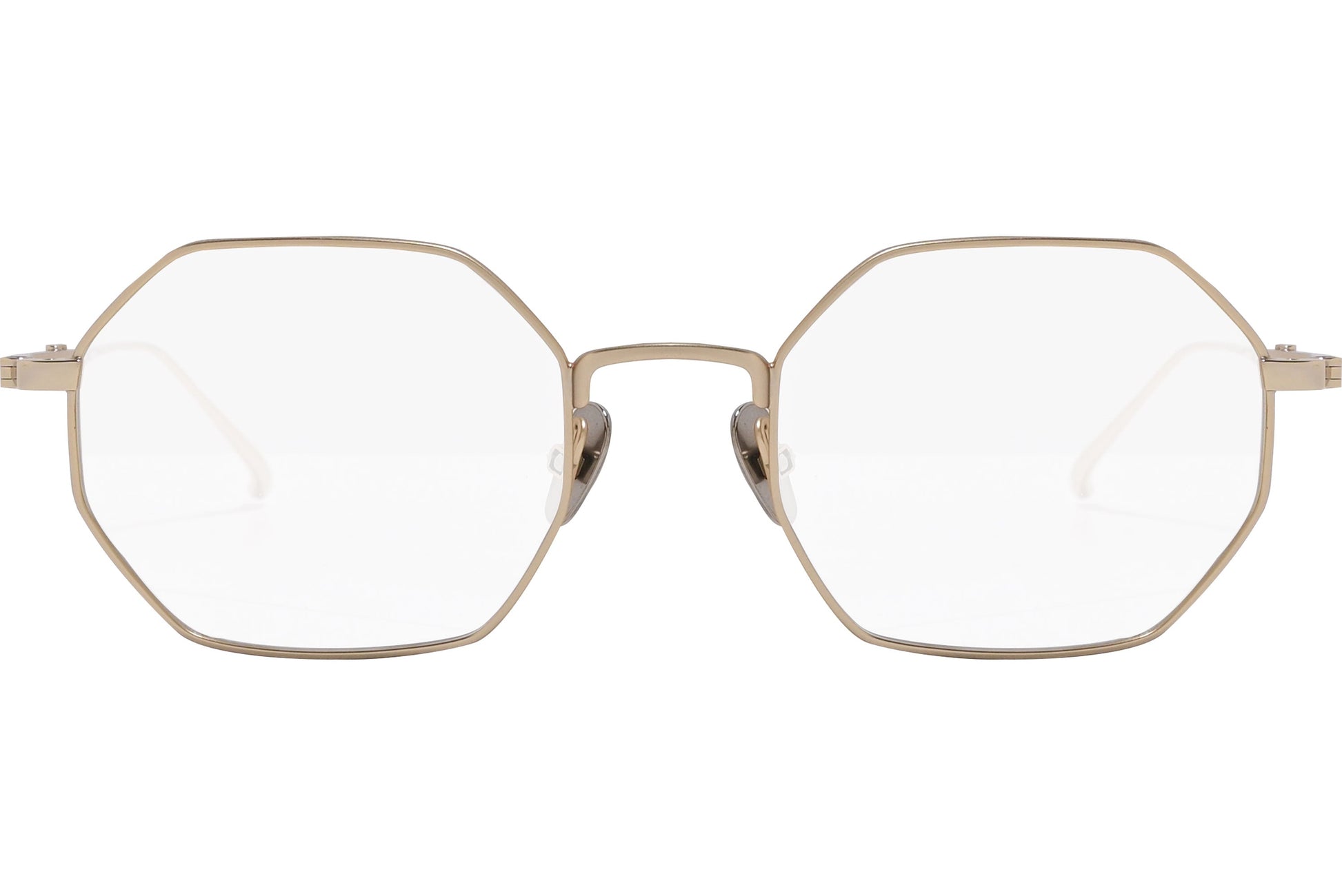 scotch & soda hexagonal gold eyeglasses frame viewed from front angle.