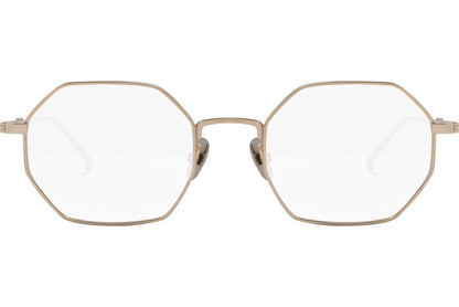 scotch & soda hexagonal gold eyeglasses frame viewed from front angle.