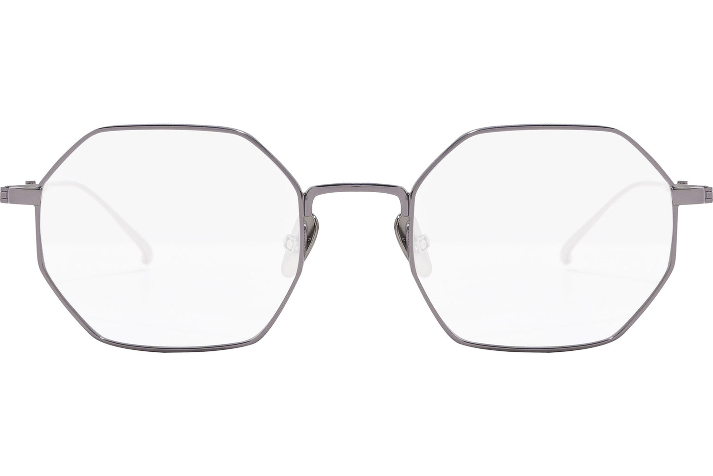 scotch & soda hexagonal silver eyeglasses frame viewed from front angle.