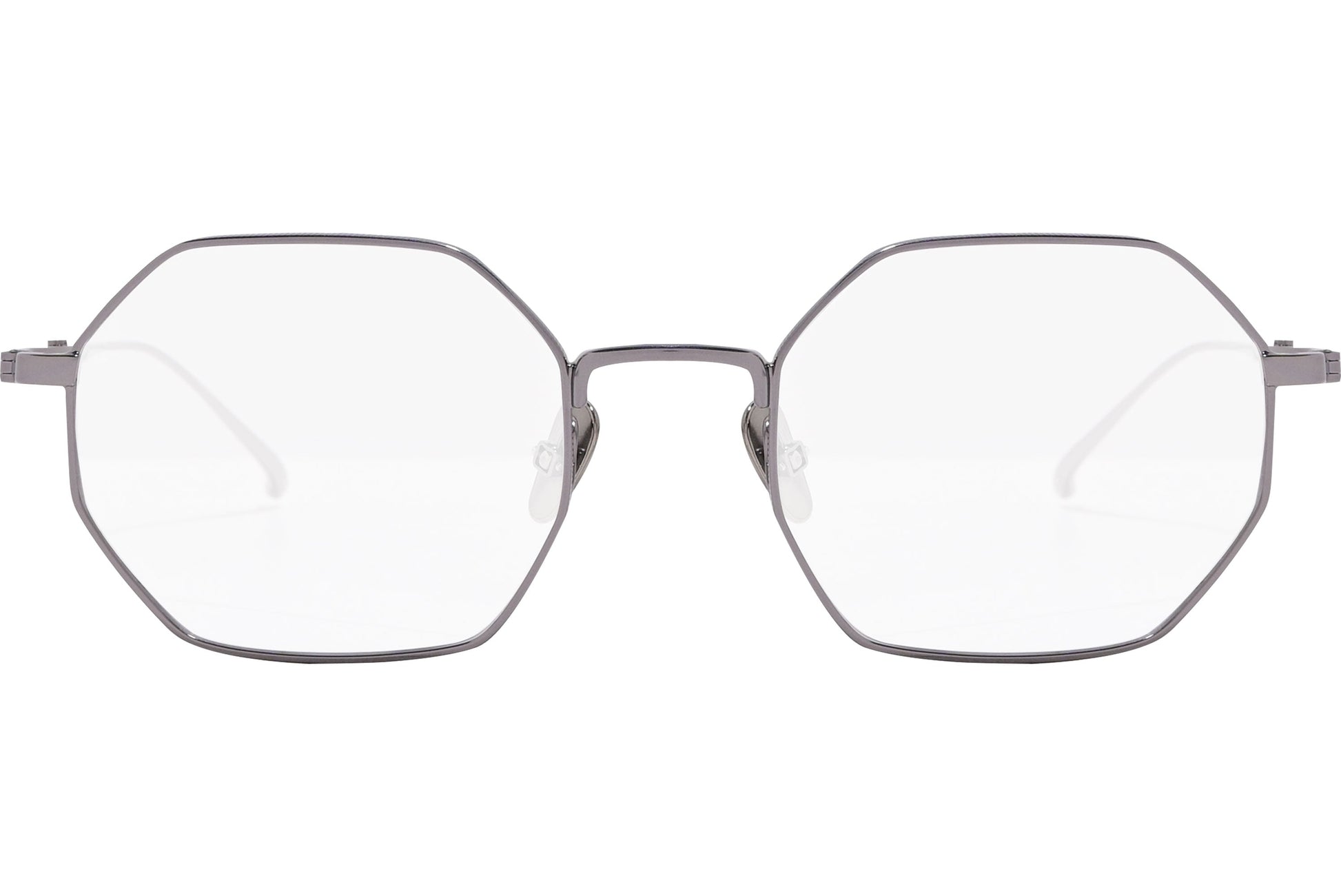 scotch & soda hexagonal silver eyeglasses frame viewed from front angle.