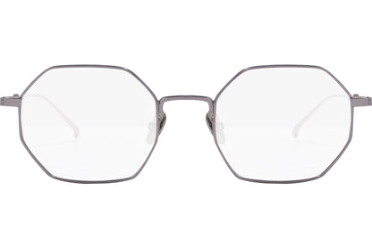 scotch & soda hexagonal silver eyeglasses frame viewed from front angle.