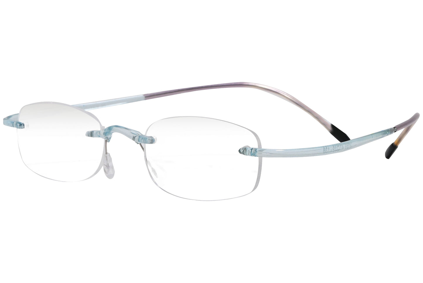 silhouette rimless blue eyeglasses frame viewed from a 45-degree angle.