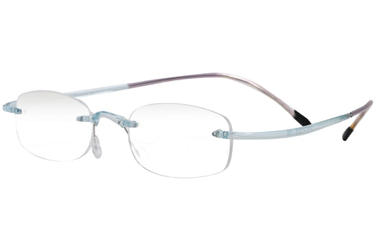 silhouette rimless blue eyeglasses frame viewed from a 45-degree angle.