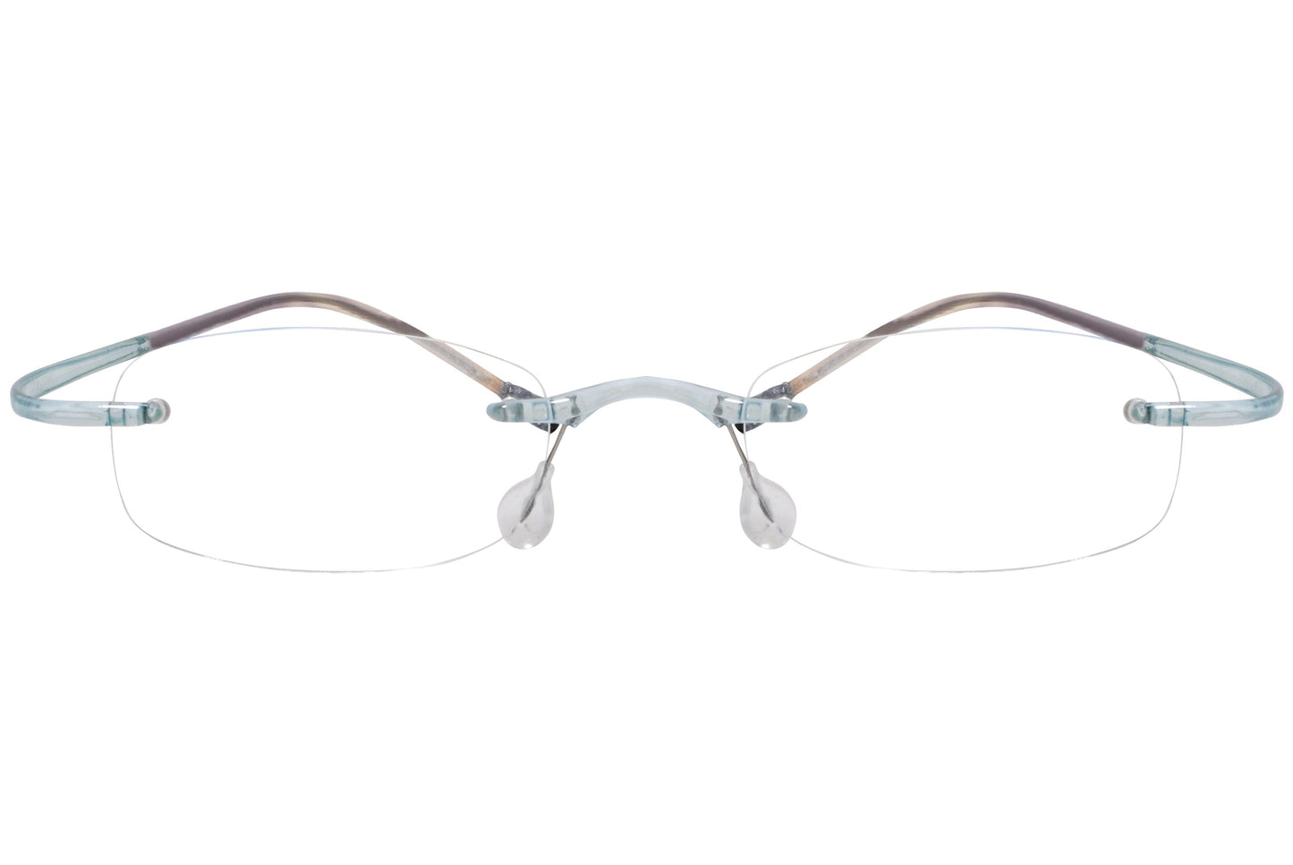 silhouette rimless blue eyeglasses frame viewed from front angle.