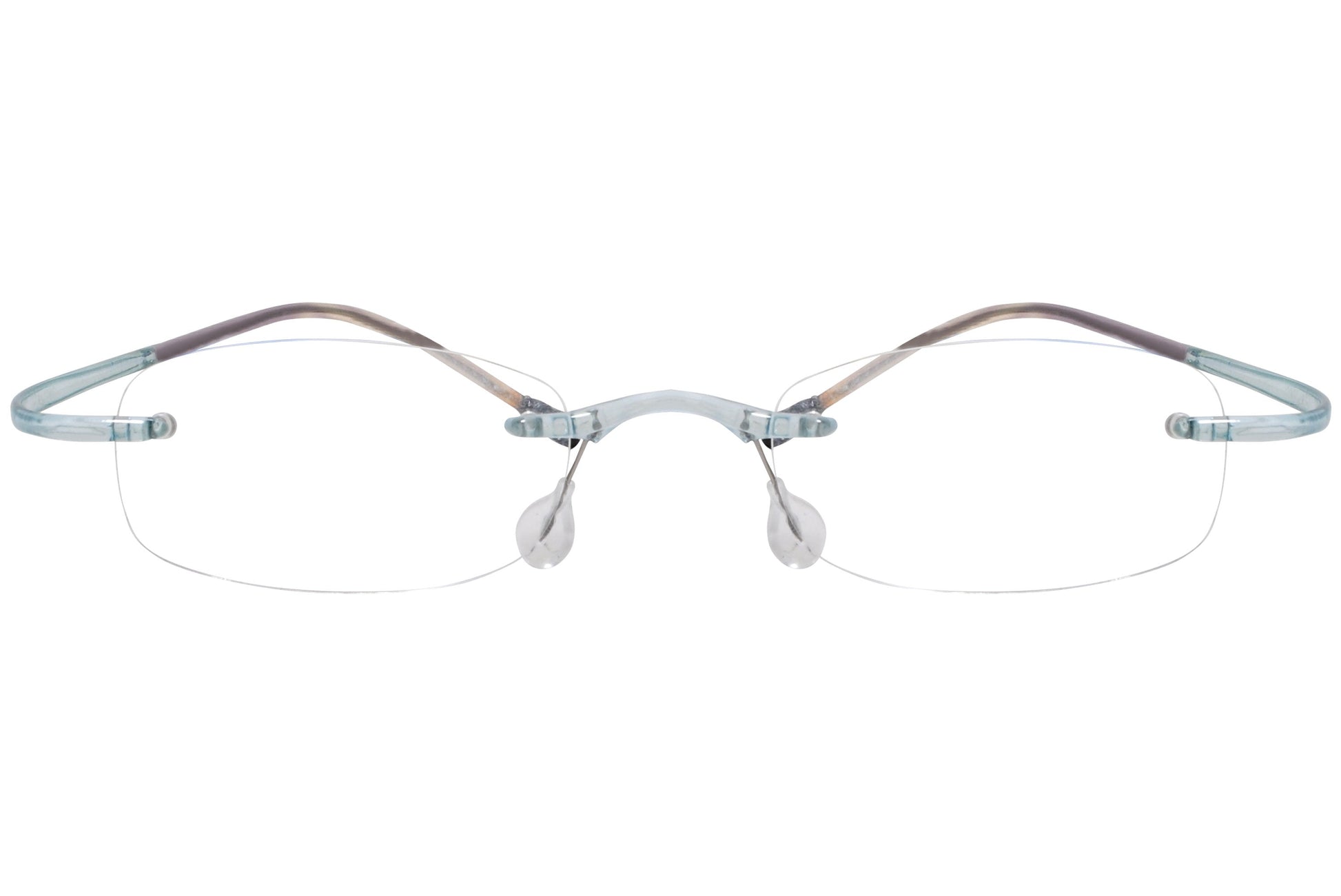 silhouette rimless blue eyeglasses frame viewed from front angle.