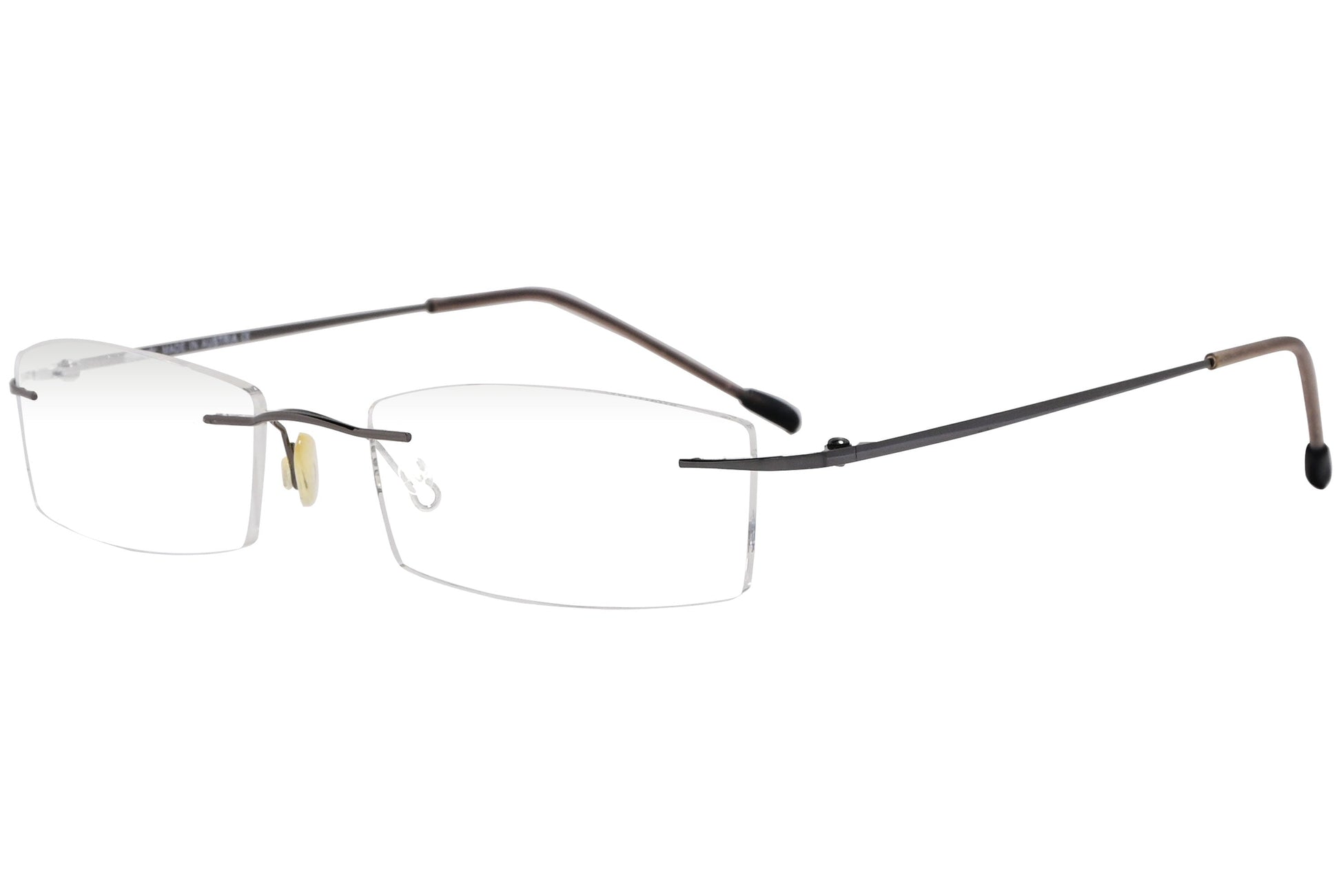 silhouette rimless brown eyeglasses frame viewed from a 45-degree angle.