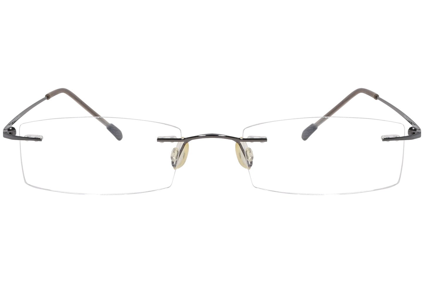 silhouette rimless brown eyeglasses frame viewed from front angle.