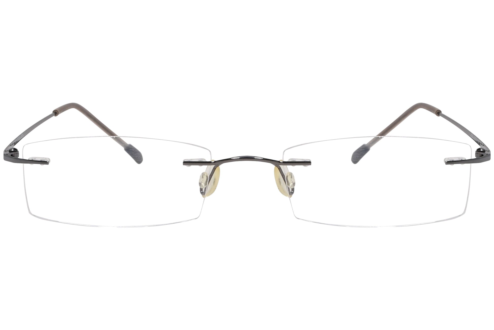 silhouette rimless brown eyeglasses frame viewed from front angle.