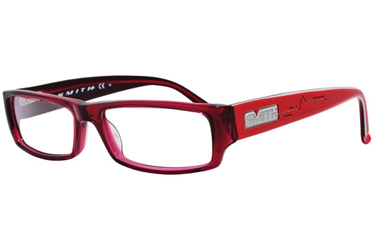 smith rectangle red eyeglasses frame viewed from a 45-degree angle.