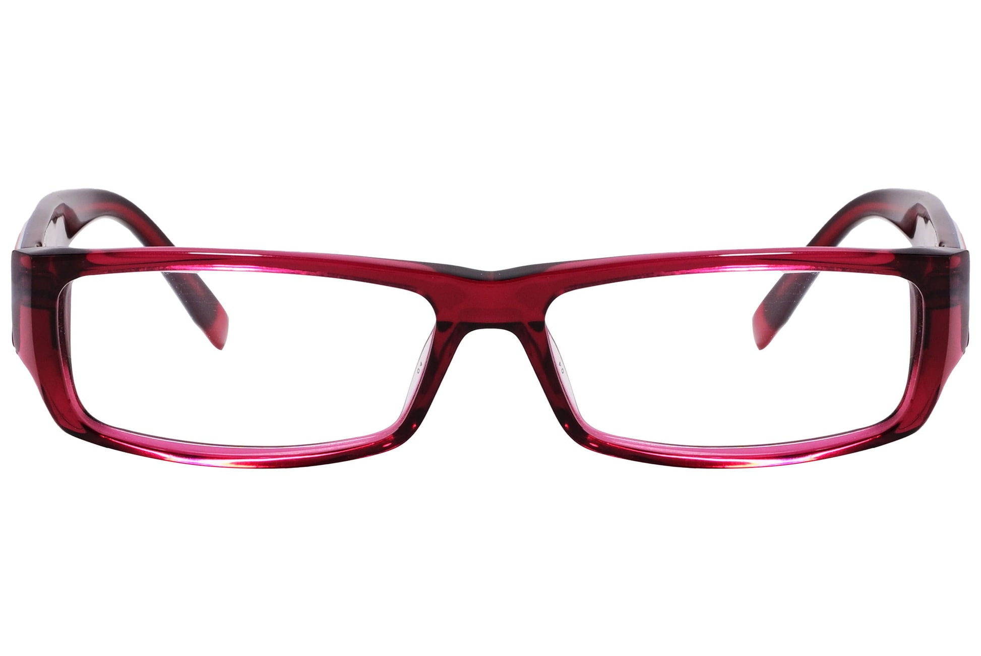 smith rectangle red eyeglasses frame viewed from front angle.