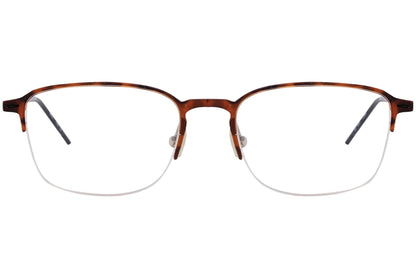 super talent rectangle orange eyeglasses frame viewed from front angle.