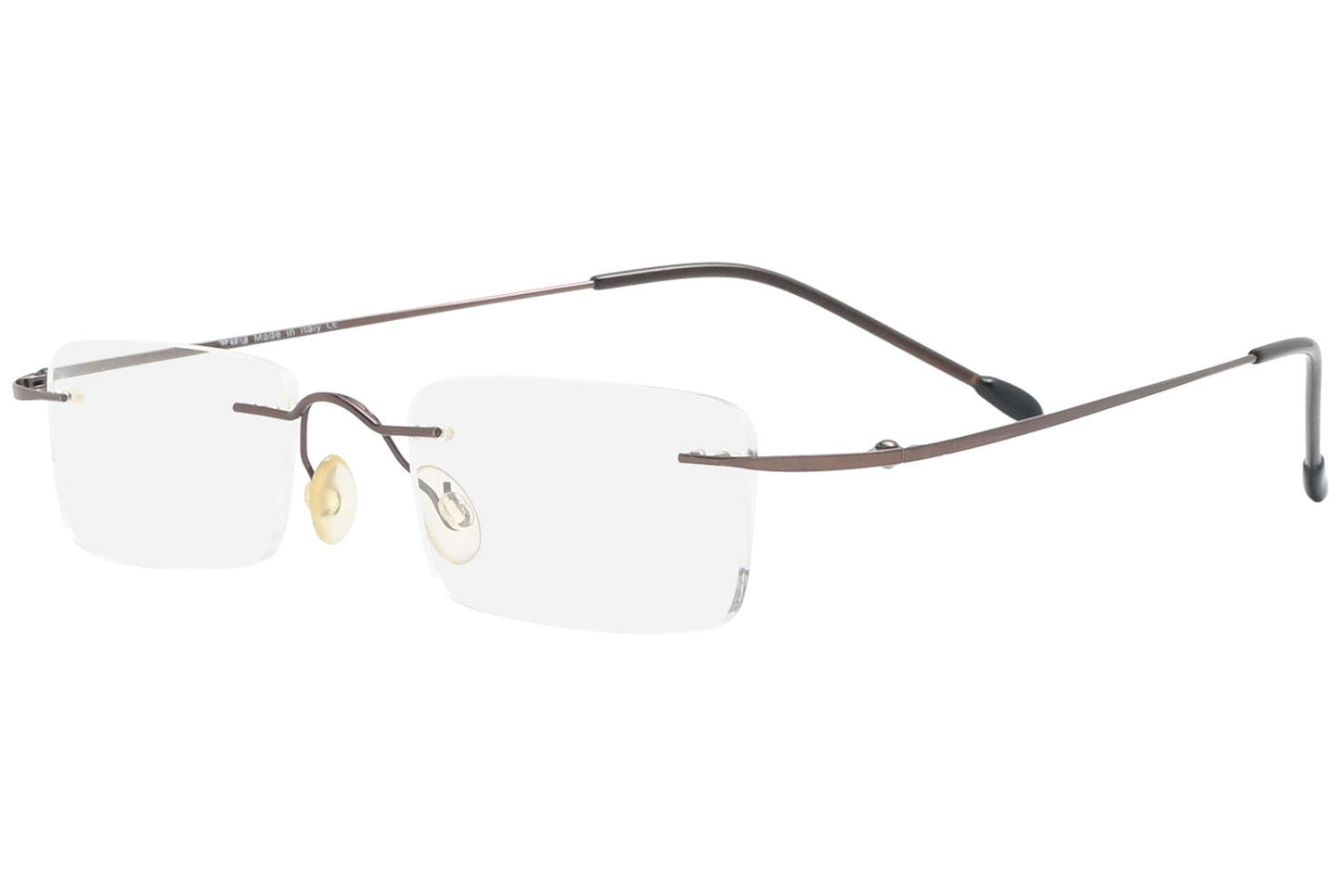 t-39 rimless bronze eyeglasses frame viewed from a 45-degree angle.