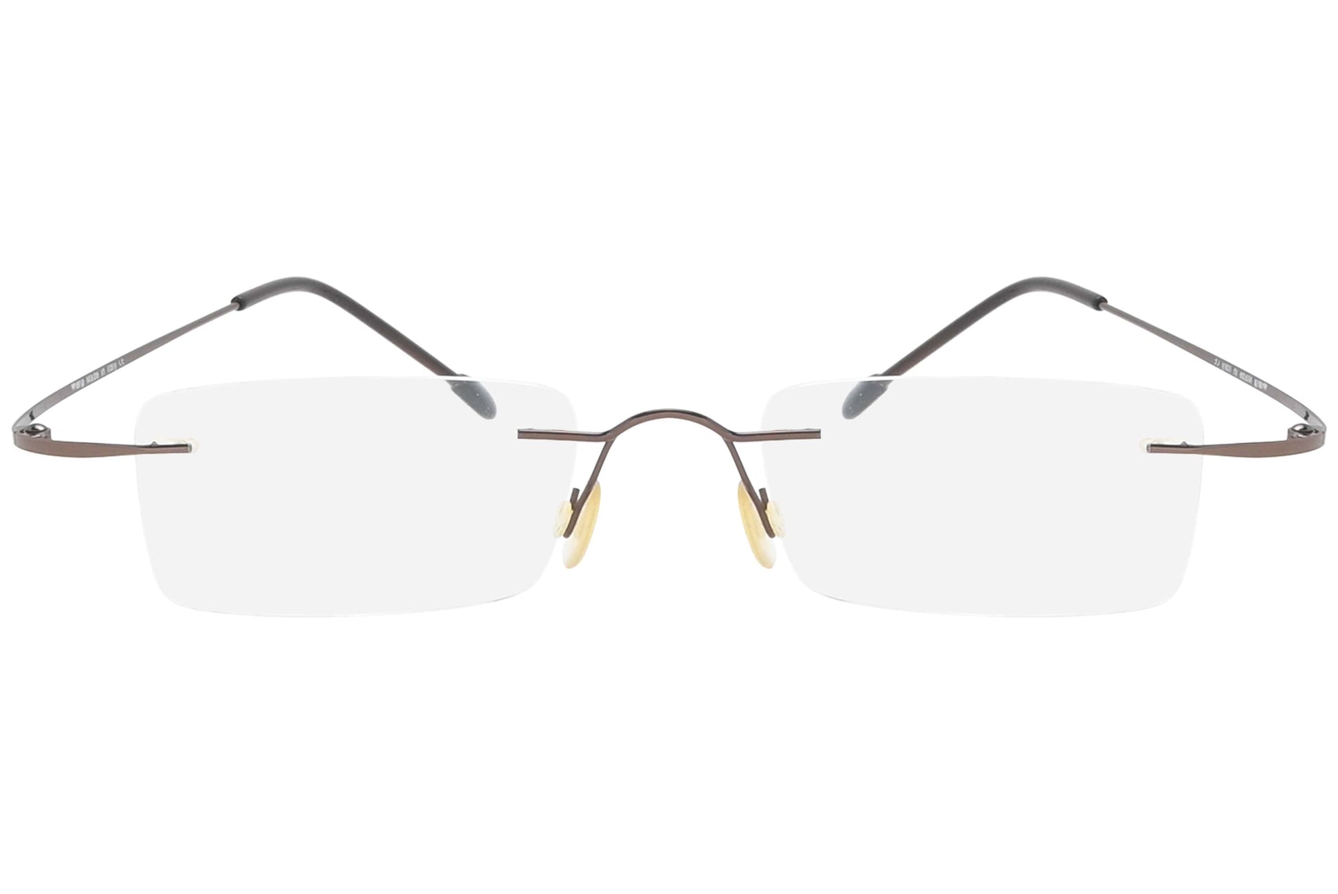 t-39 rimless bronze eyeglasses frame viewed from front view.