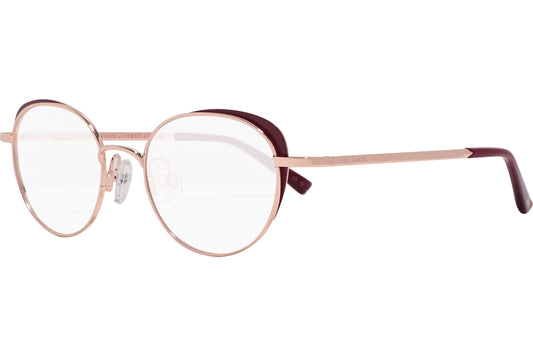 ted baker oval pink eyeglasses frame viewed from a 45-degree angle.