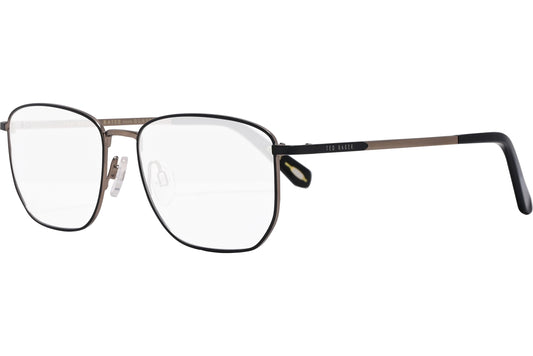 ted baker rectangle black eyeglasses frame viewed from a 45-degree angle.