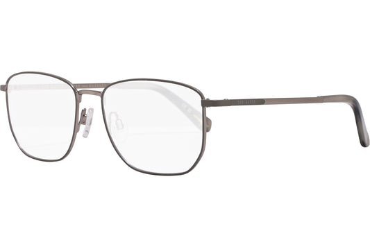 ted baker rectangle gray eyeglasses frame viewed from a 45-degree angle.