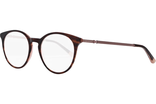 ted baker oval tortoise eyeglasses frame viewed from a 45-degree angle.