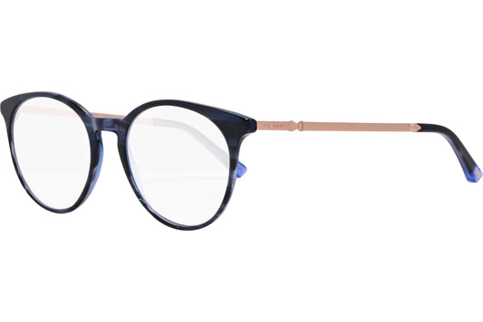 ted baker oval blue eyeglasses frame viewed from a 45-degree angle.