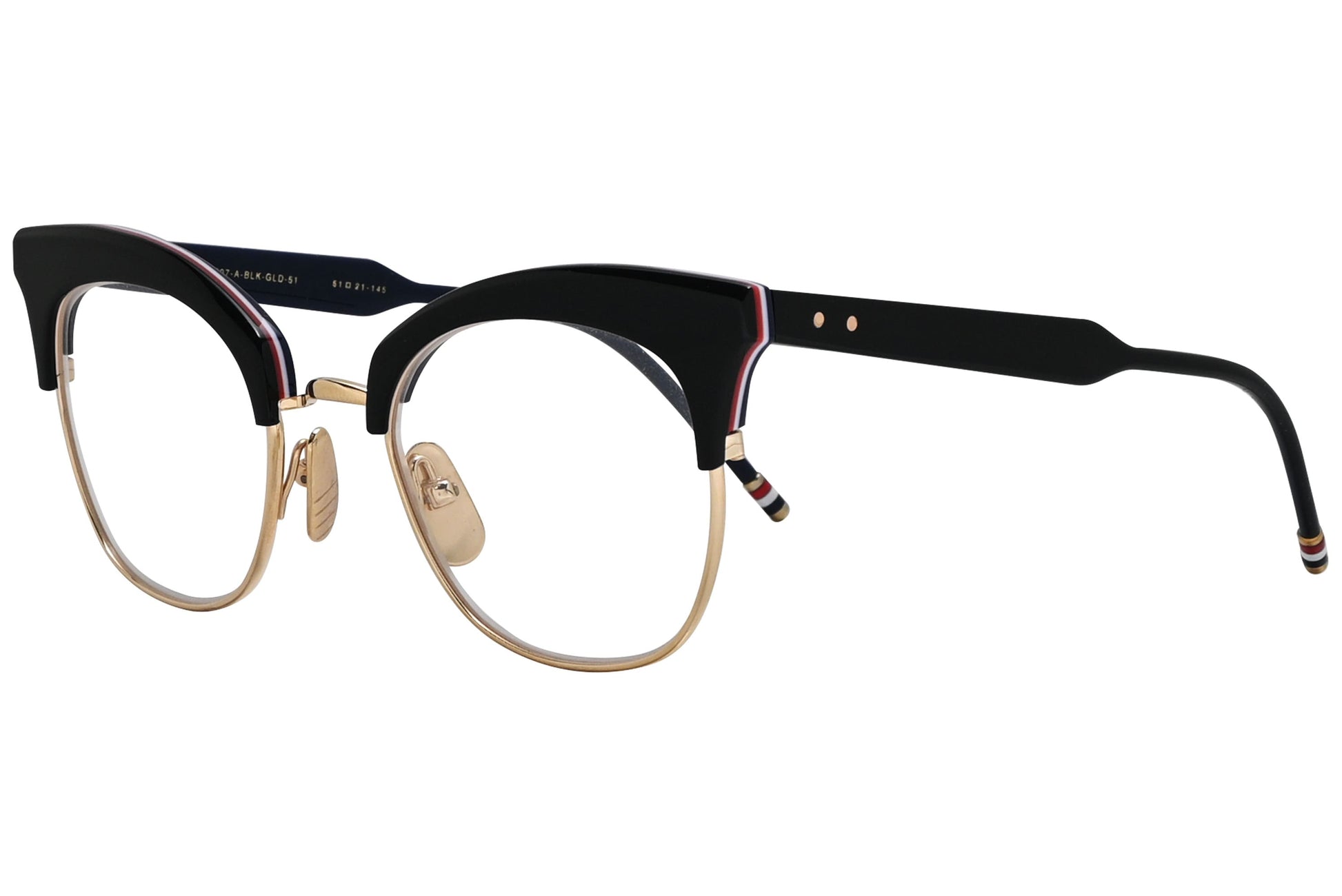 thom browne browline gold eyeglasses frame viewed from a 45-degree angle.