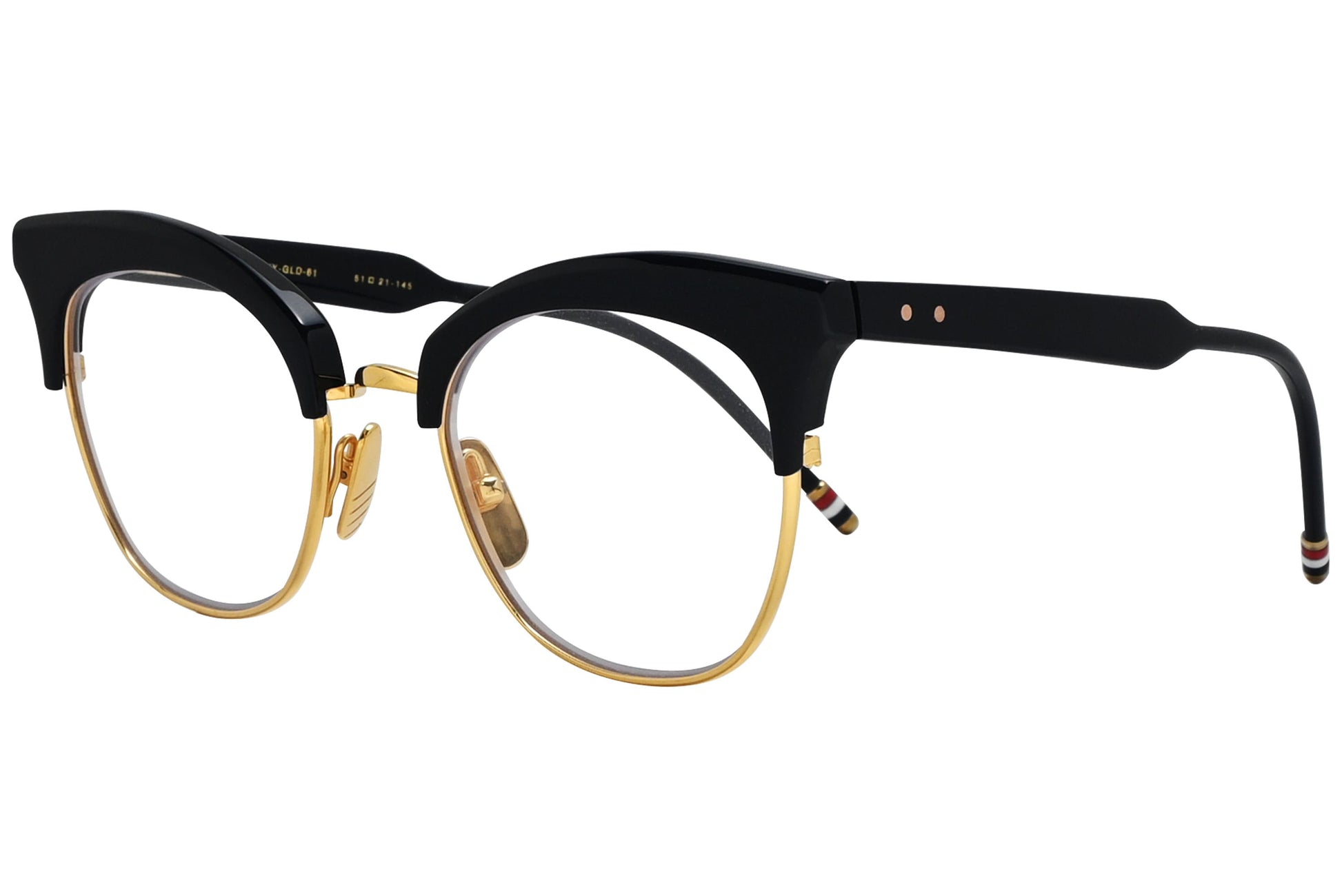 thom browne browline gold eyeglasses frame viewed from a 45-degree angle.