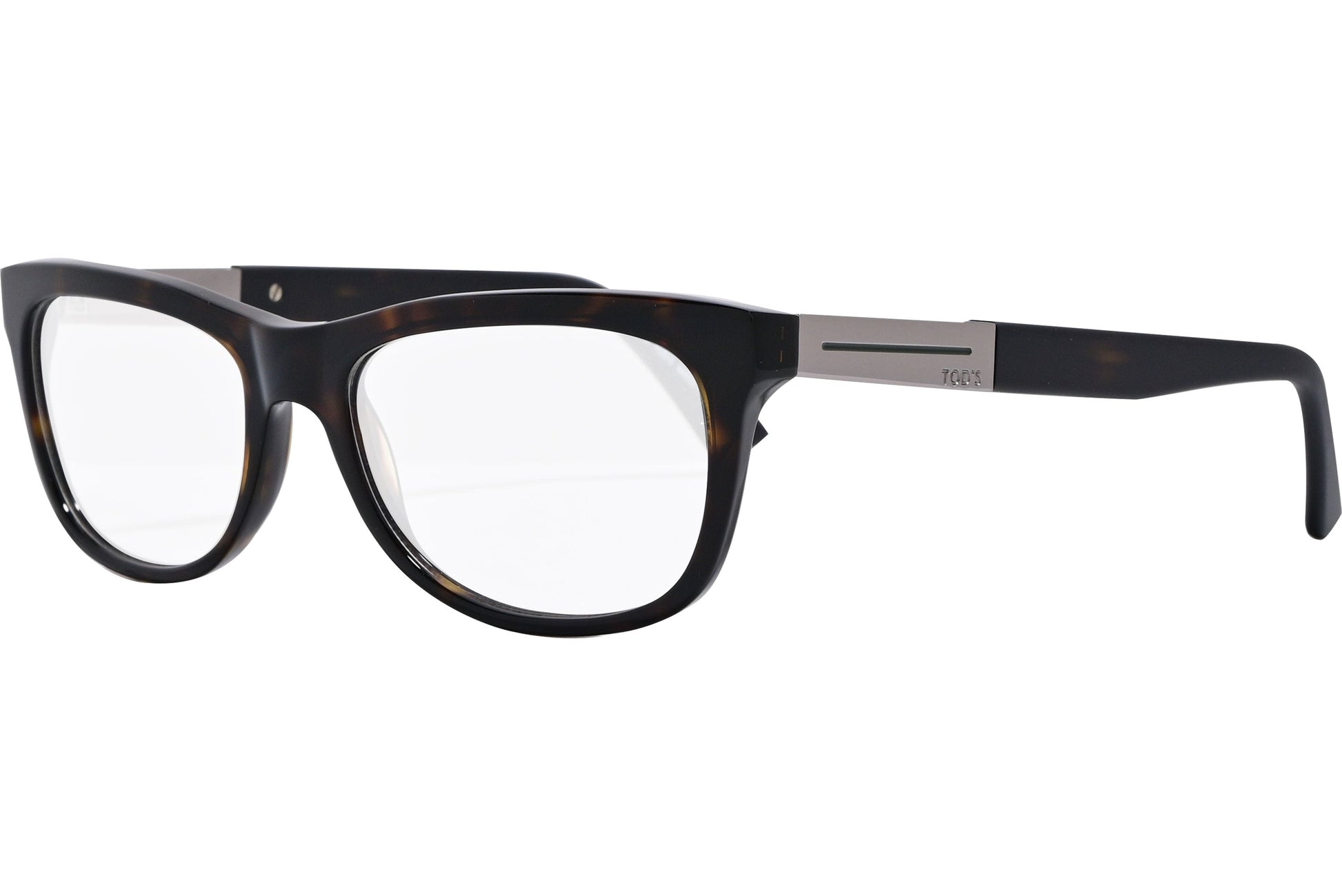 tod's rectangle tortoise eyeglasses frame viewed from a 45-degree angle.