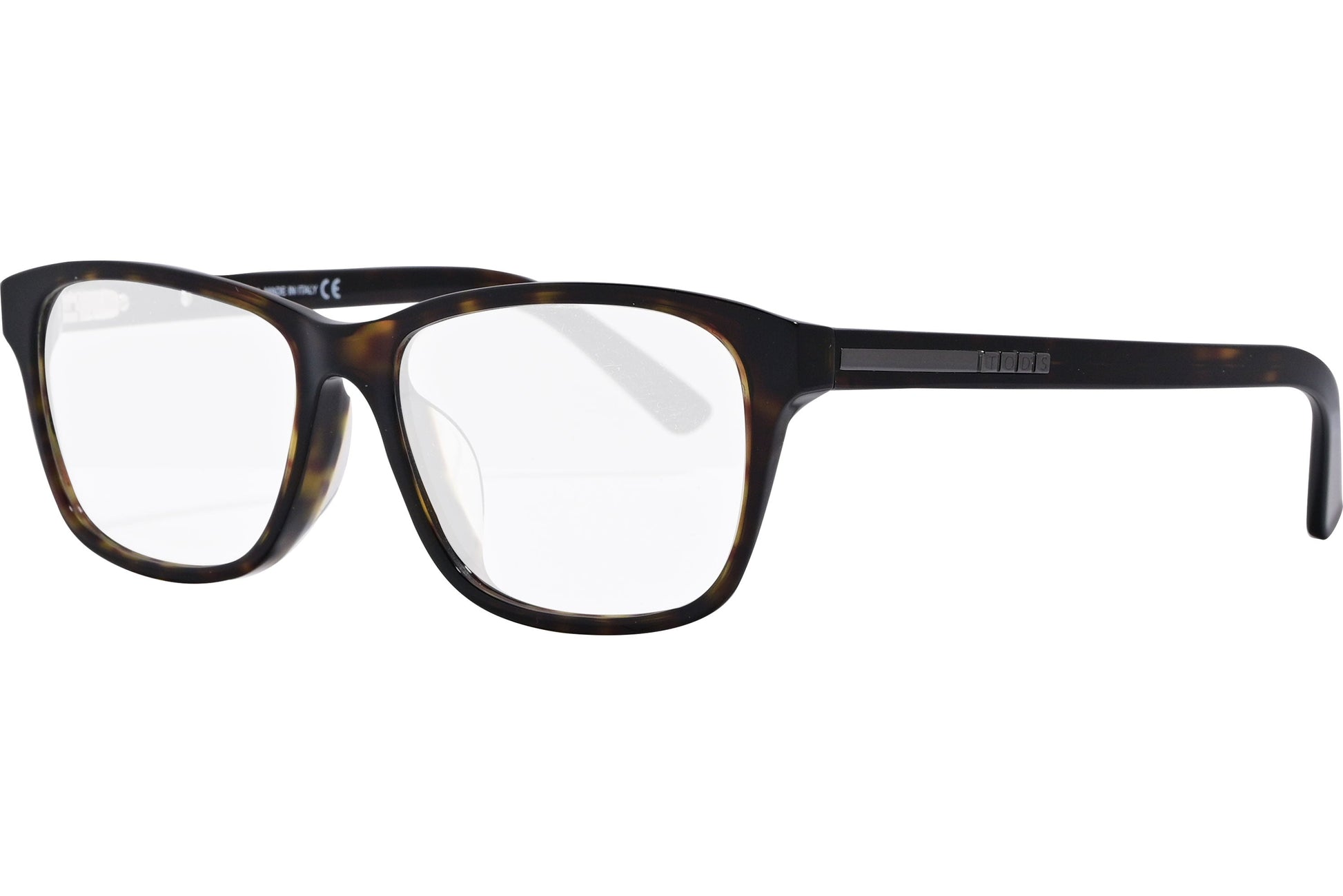 tod's rectangle tortoise eyeglasses frame viewed from a 45-degree angle.