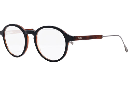 tod's round brown eyeglasses frame viewed from a 45-degree angle.