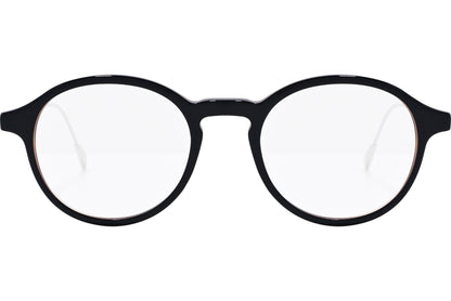 tod's round brown eyeglasses frame viewed from front angle.