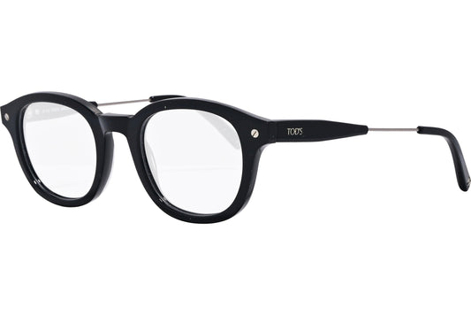 tod's square black eyeglasses frame viewed from a 45-degree angle.