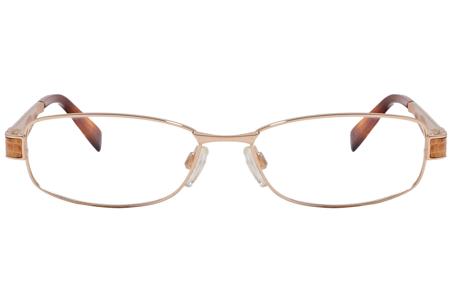 rectangle gold with brown eyeglasses frame viewed from front angle.