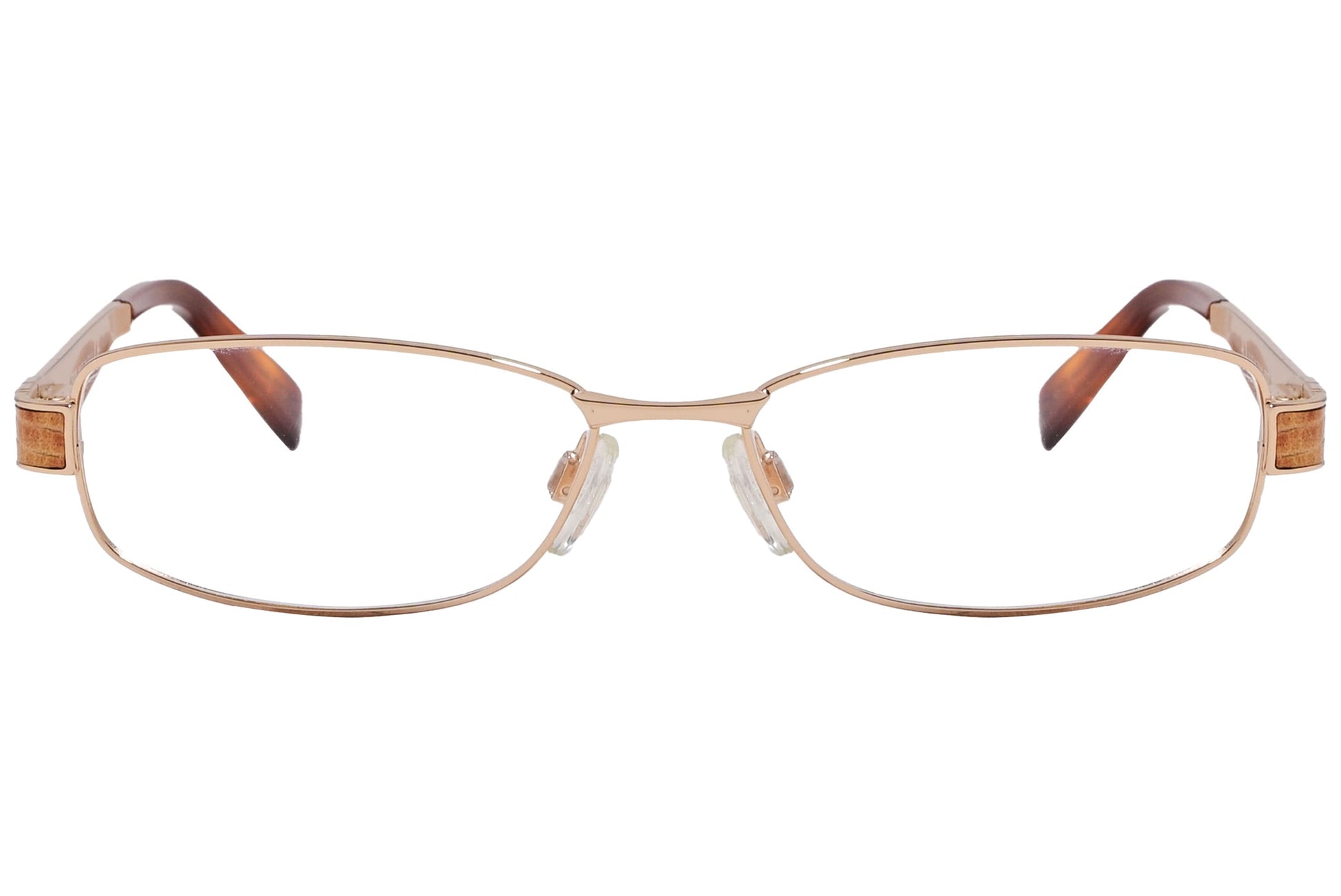 rectangle gold with brown eyeglasses frame viewed from front angle.