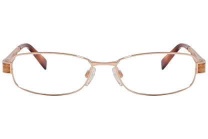 rectangle gold with brown eyeglasses frame viewed from front angle.