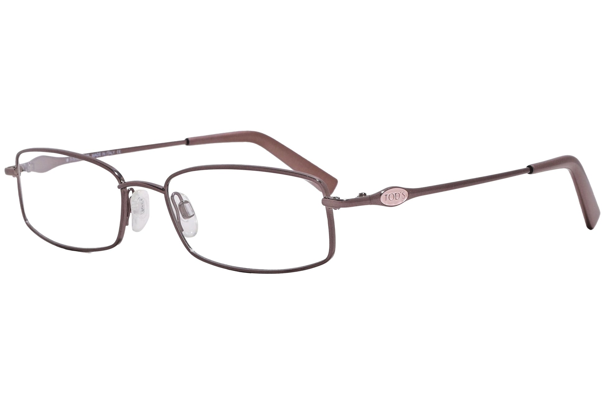 rectangle brown eyeglasses frame viewed from a 45-degree angle.