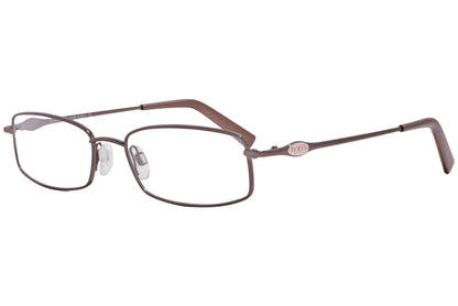 rectangle brown eyeglasses frame viewed from a 45-degree angle.